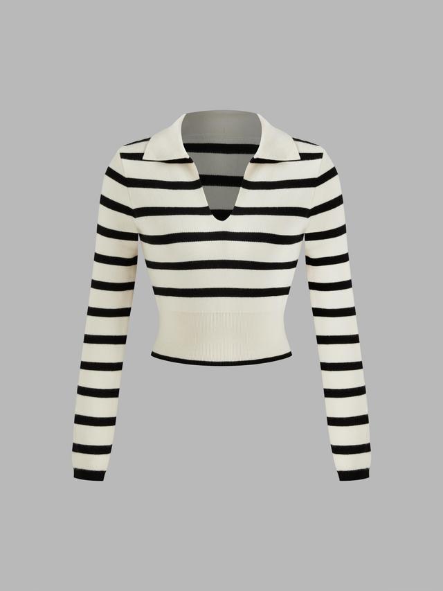 Knitted V-neck Striped Long Sleeve Crop Top Product Image