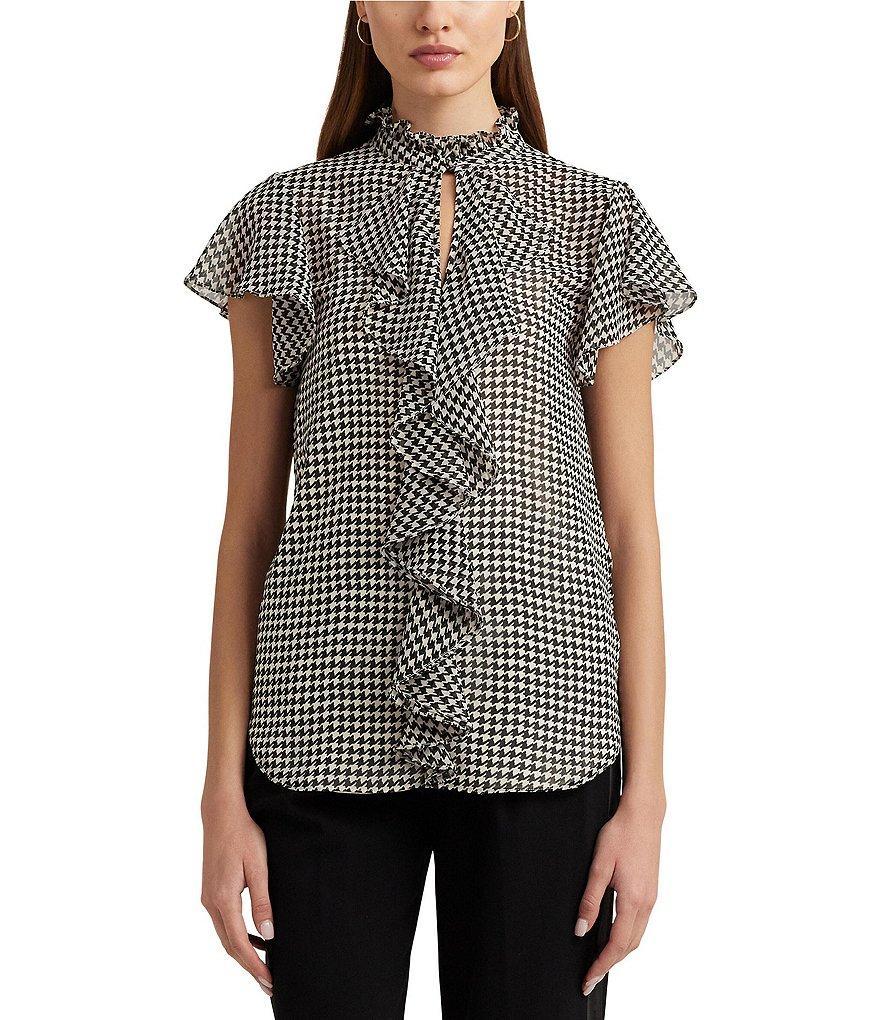 Lauren Ralph Lauren Petite Size Houndstooth Print Chiffon Ruffled Keyhole Mock Neck Short Flutter Sleeve Blouse Product Image