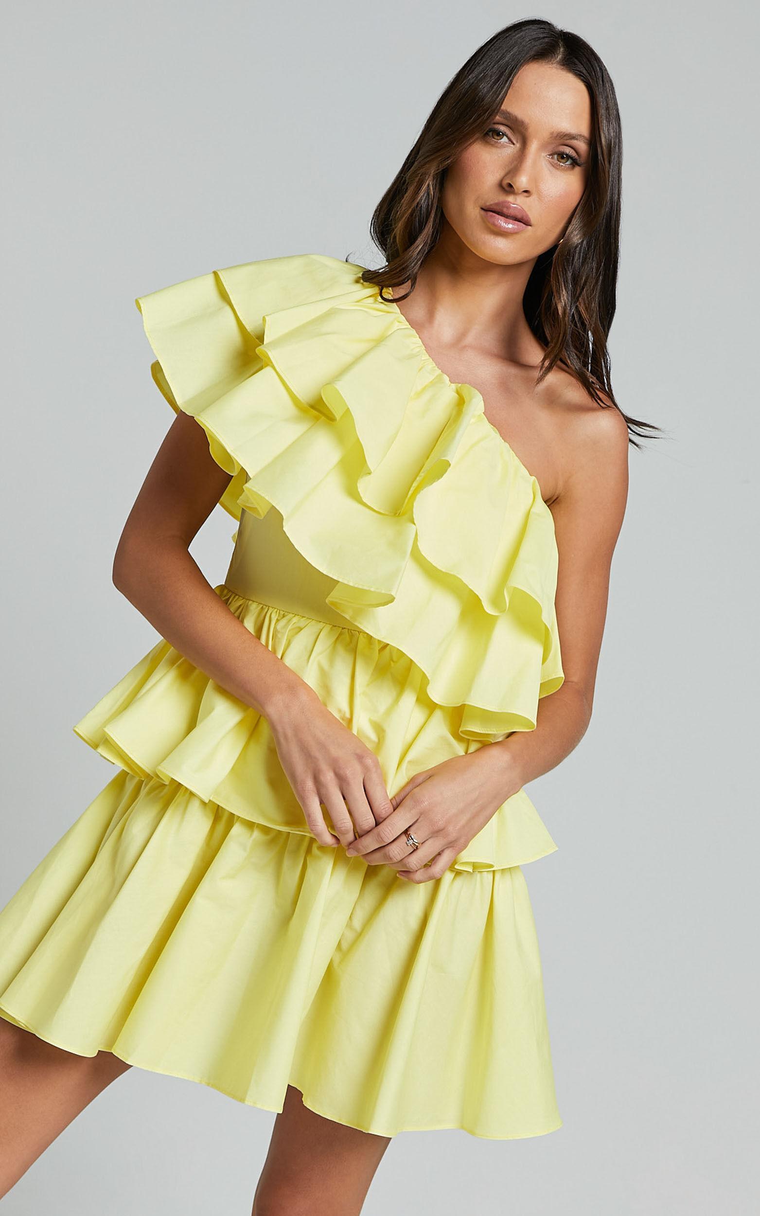 Flora Mini Dress - One Shoulder Tiered Dress in Sun Yellow Product Image