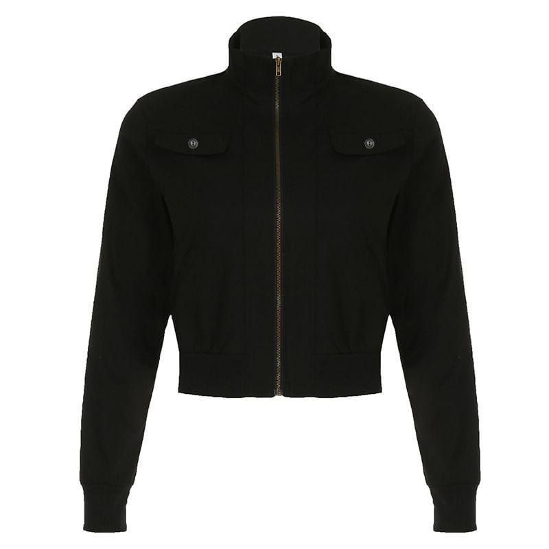 Stand Collar Plain Crop Zip Jacket Product Image