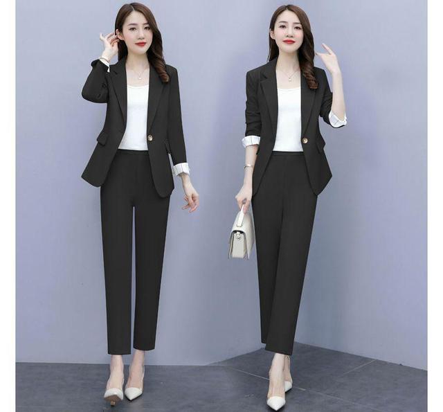 Set Of 3: Plain Single-Button Blazer + Mid Waist Straight Leg Dress Pants + Camisole Top Product Image