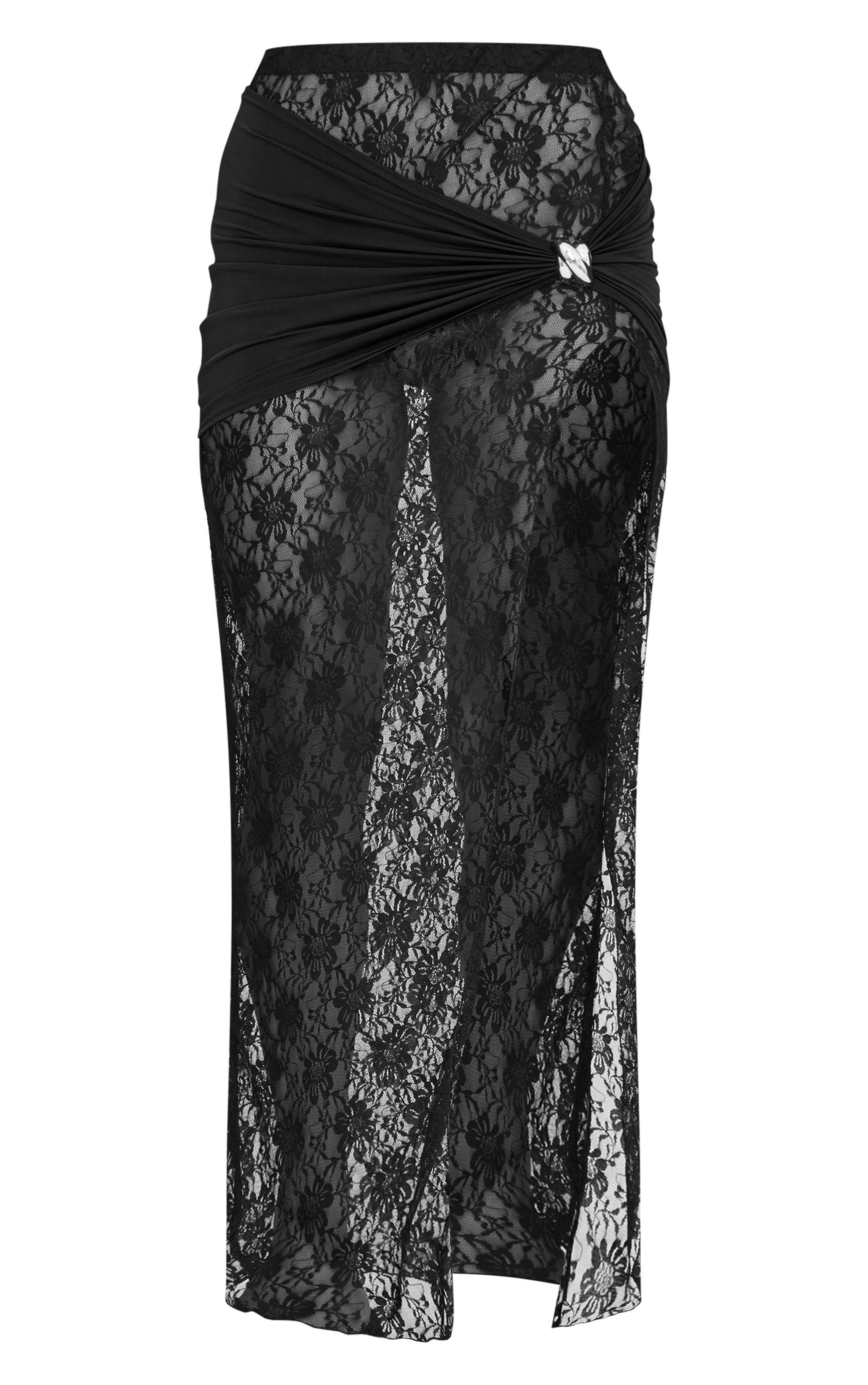 Black Skirt Overlay Detail Lace Maxi Skirt Product Image