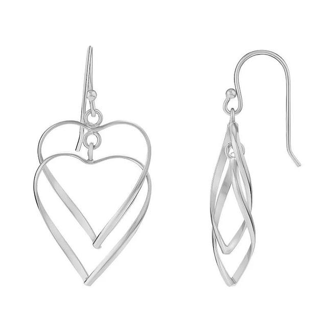 PRIMROSE Silver Tone Polished Double Heart Wire Drop Earrings, Womens Product Image