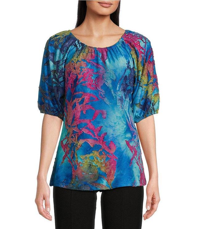 Calessa Burnout Tie-Dyed Print Scoop Neck Elbow Sleeve Peasant Tunic Product Image