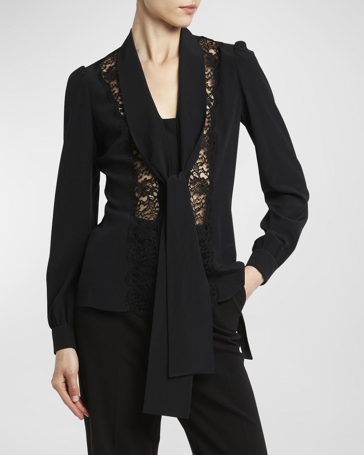 Tie-Neck Blouse with Lace Inset Detail Product Image