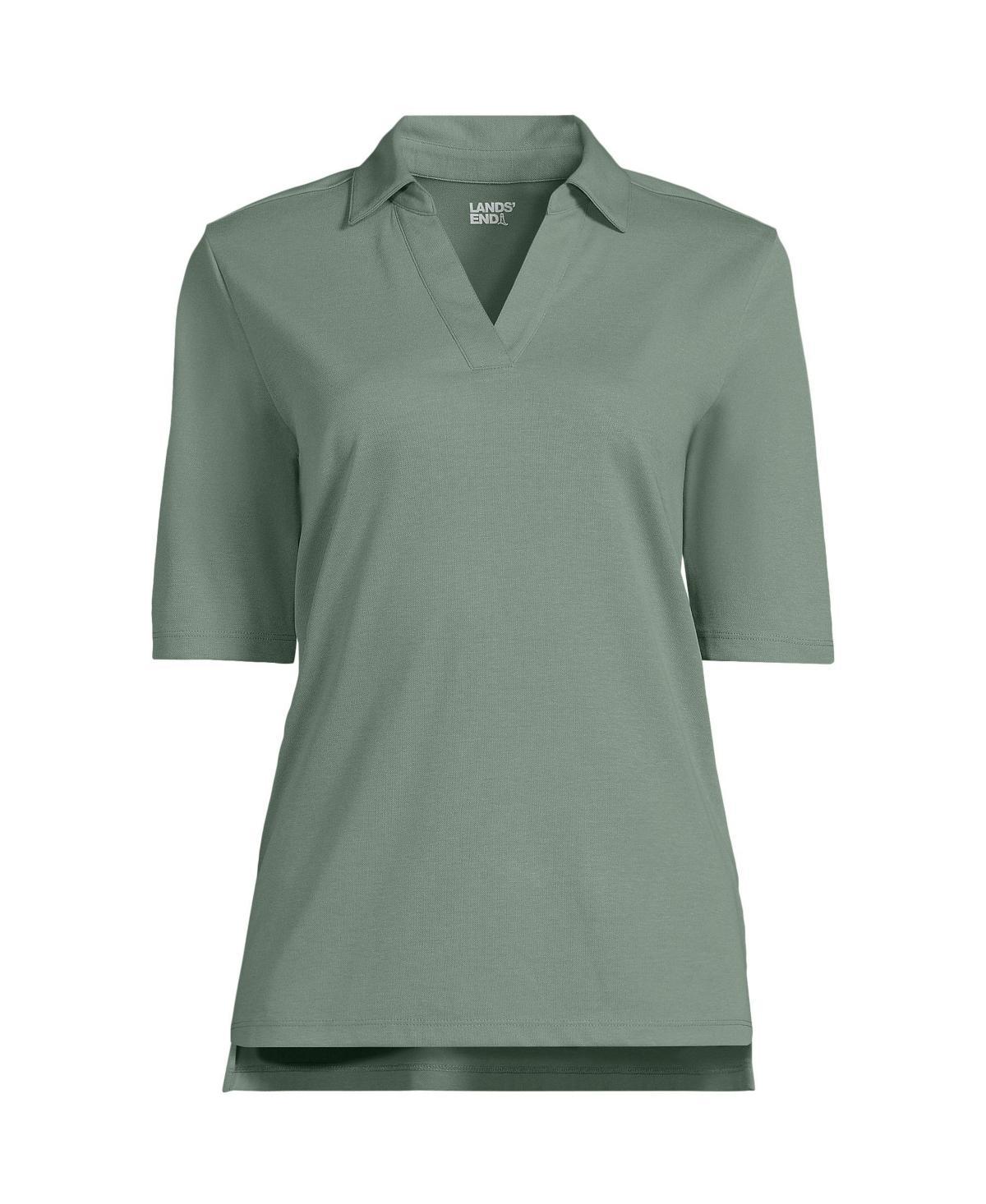 Womens Lands End Performance Elbow Sleeve Pique Polo Top Dark Green Product Image