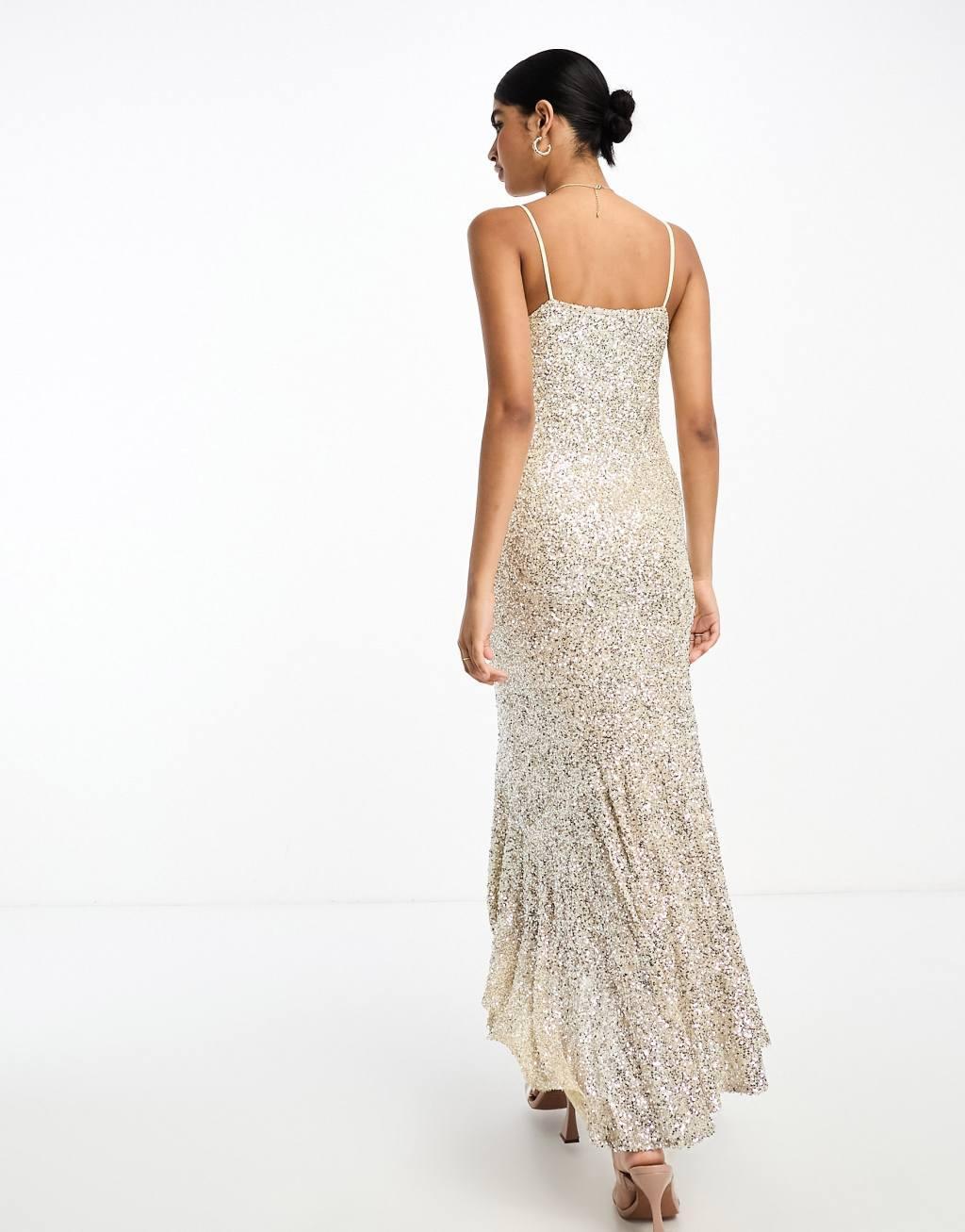 Never Fully Dressed Bridal sequin cowl neck midaxi dress in champagne Product Image