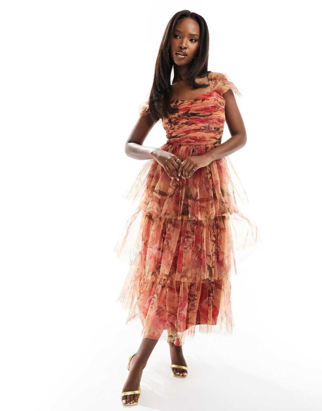 Lace & Beads tiered tulle midi dress in abstract print Product Image