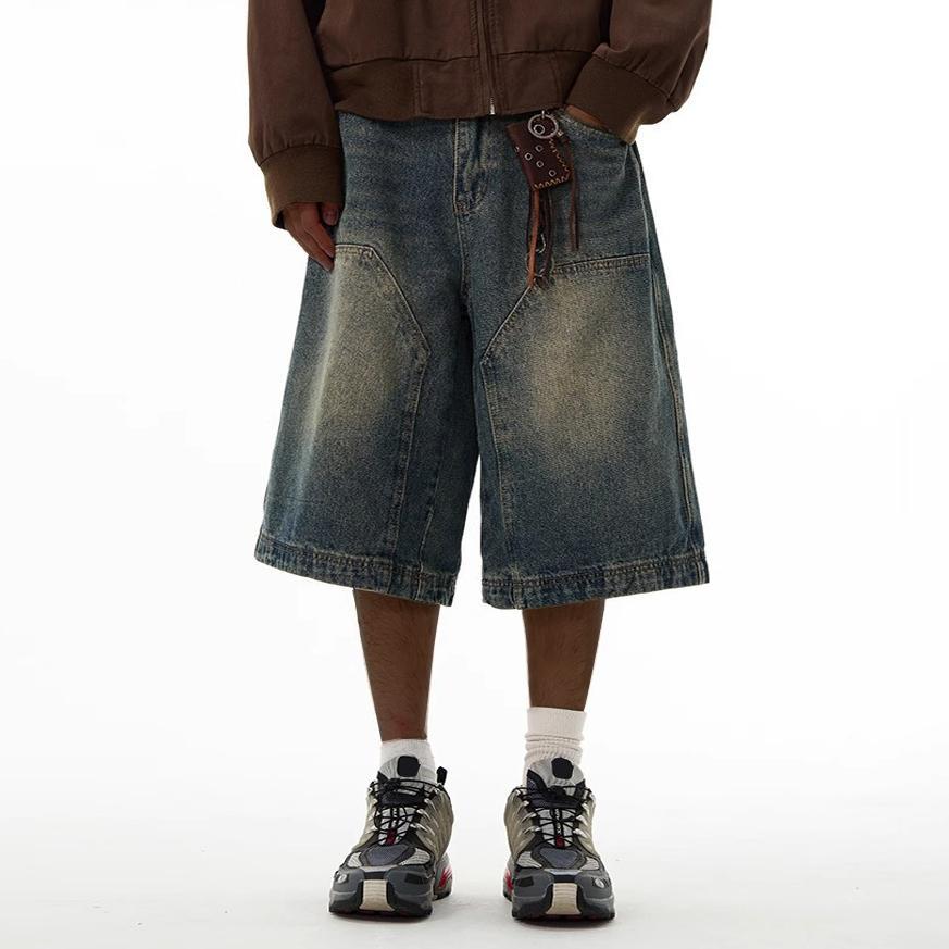 Men's Hiphop Vintage Wide Leg Six Point Denim Shorts Product Image