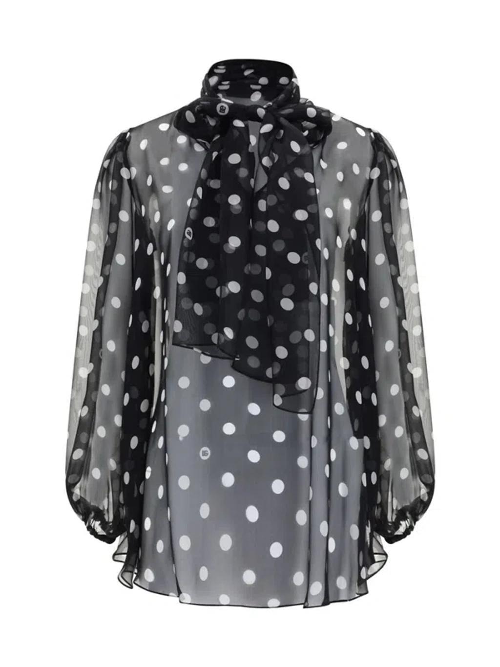 DOLCE & GABBANA Polka-dot Print Pussy-bow Shirt In Black Product Image