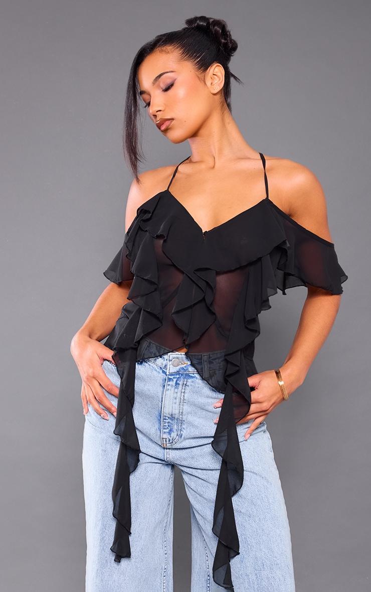 Black Cross Back Chiffon Ruffle Top Product Image