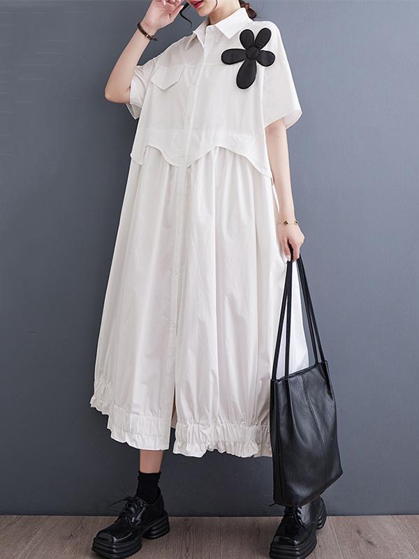 Loose Short Sleeves Elasticity Pleated Split-Joint Lapel Midi Dresses Product Image