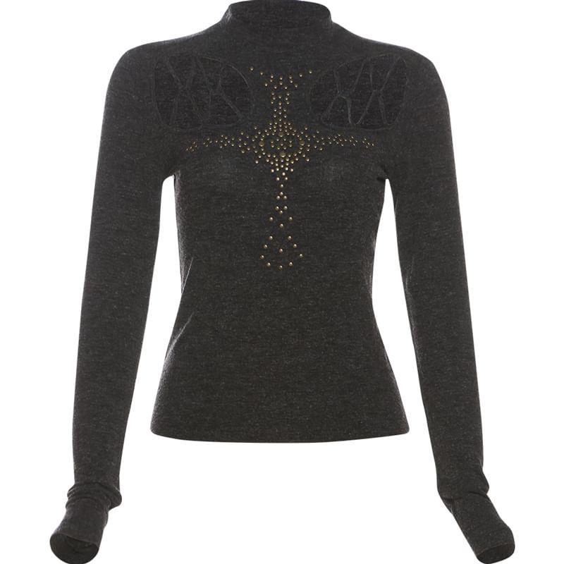 Long-Sleeve Mock Neck Plain Studded Cutout T-Shirt Product Image