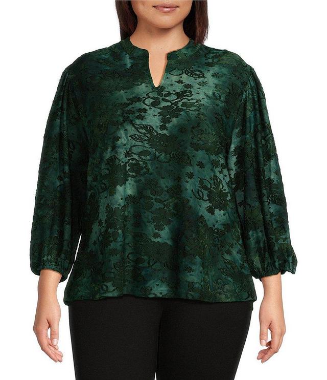 Calessa Plus Size Knit Burnout Tie-Dye Split Neck Long Sleeve Tunic Product Image