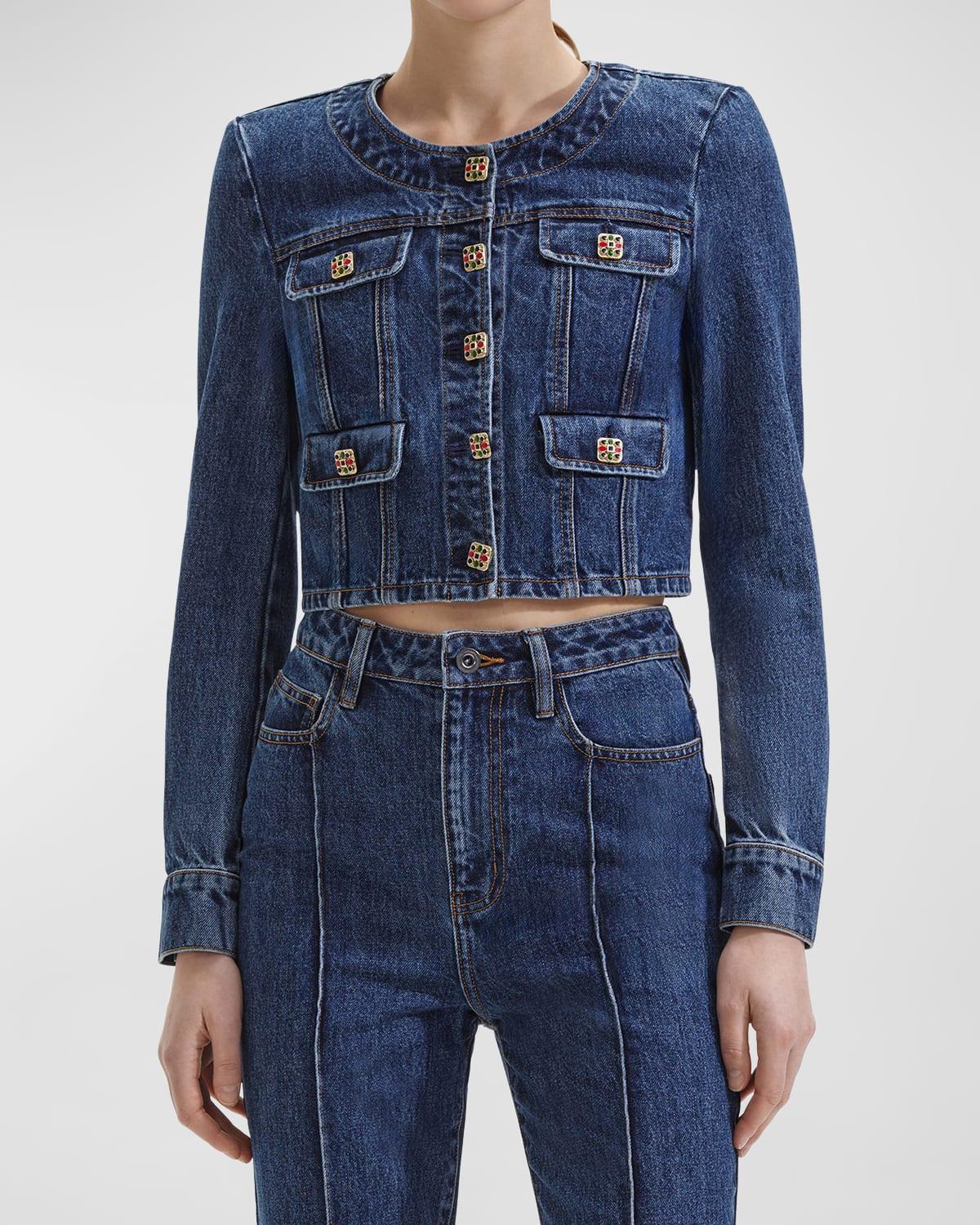 Button-Front Cropped Denim Jacket Product Image