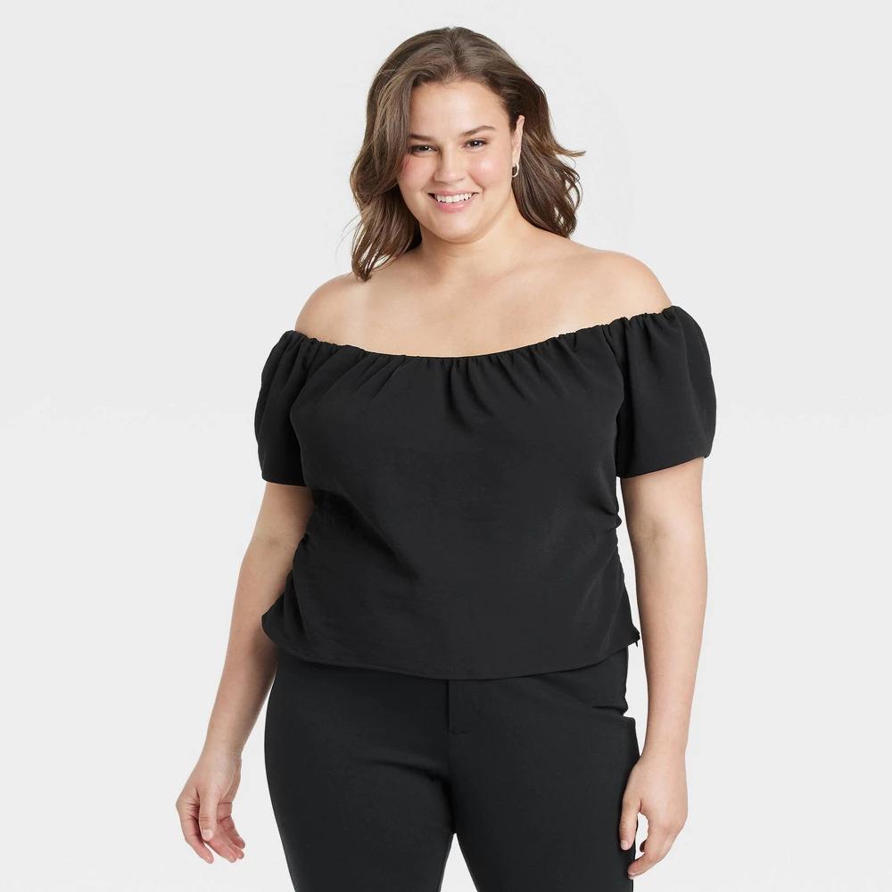 Womens Slim Fit Off the Shoulder Short Sleeve Top - A New Day Black 3X Product Image