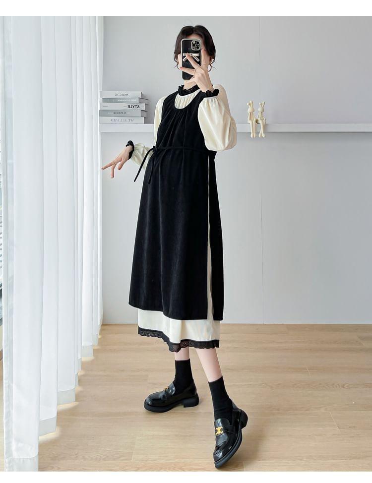 Maternity Set: Long-Sleeve Contrast Trim Midi A-Line Dress + Plain Slit Pinafore Dress Product Image