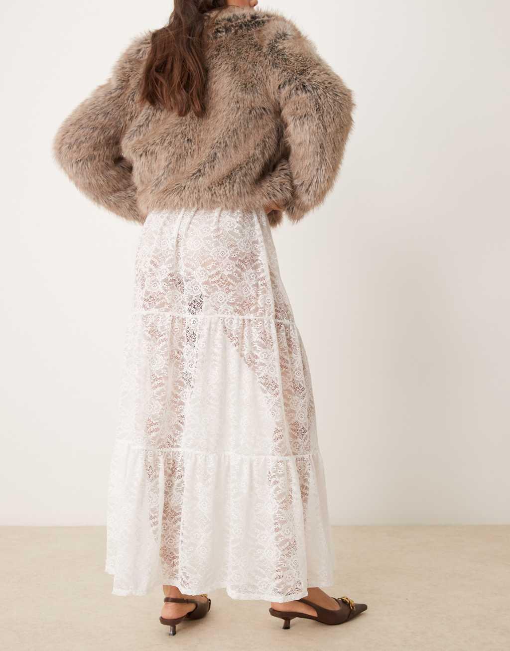 Miss Selfridge tiered lace maxi skirt in cream Product Image