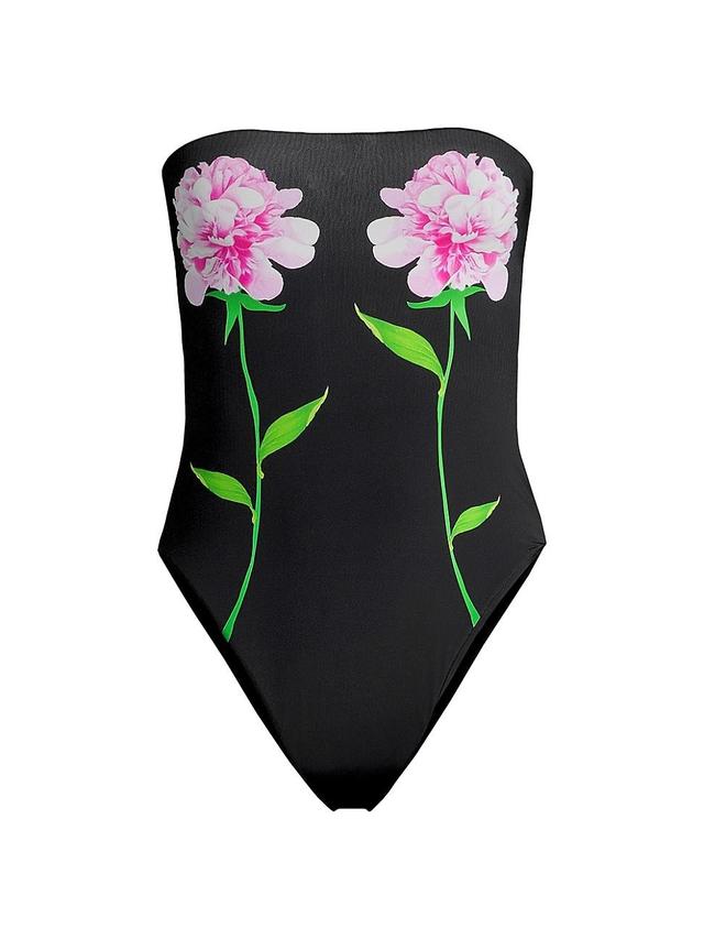 Womens Peony Flower Strapless One-Piece Swimsuit Product Image