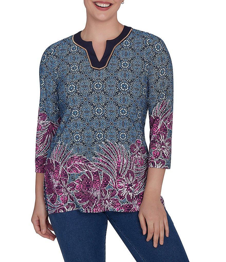 Ruby Rd. Polynesian Inspired Floral Border Print Split Contrast Trim V-Neck 3/4 Sleeve Side Slit Hem Tunic Top Product Image