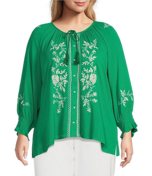 Calessa Plus Size Woven Embroidered Split Round Neck 3/4 Sleeve Straight Hem Button Front Blouse Product Image