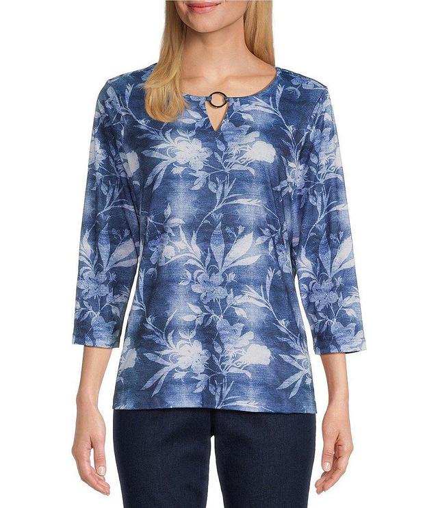 Allison Daley Shadow Floral 3/4 Sleeve Keyhole Neck Knit Top Product Image