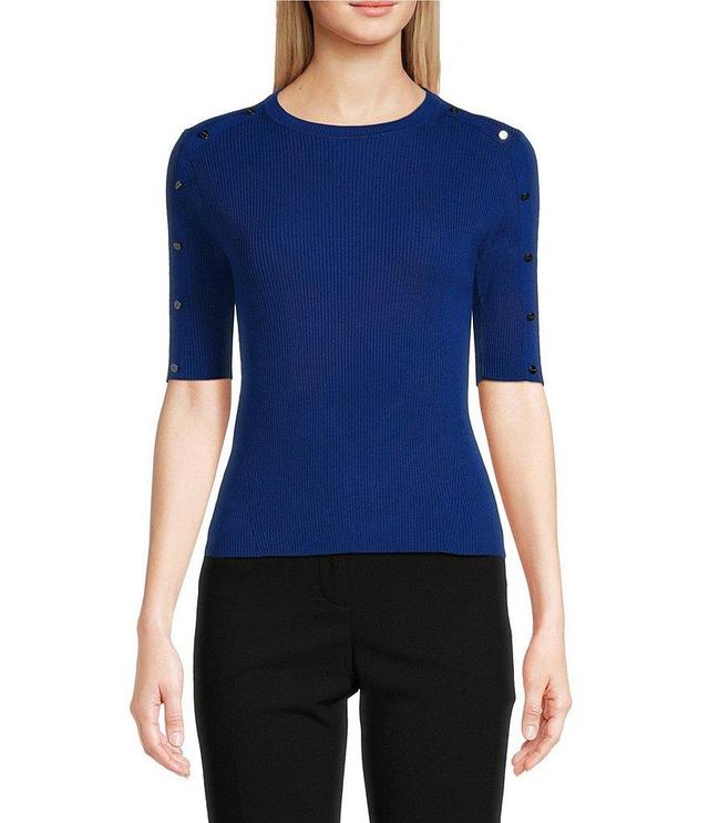 DKNY by Donna Karan Button Detailed Elbow Sleeve Sweater Knit Top Product Image