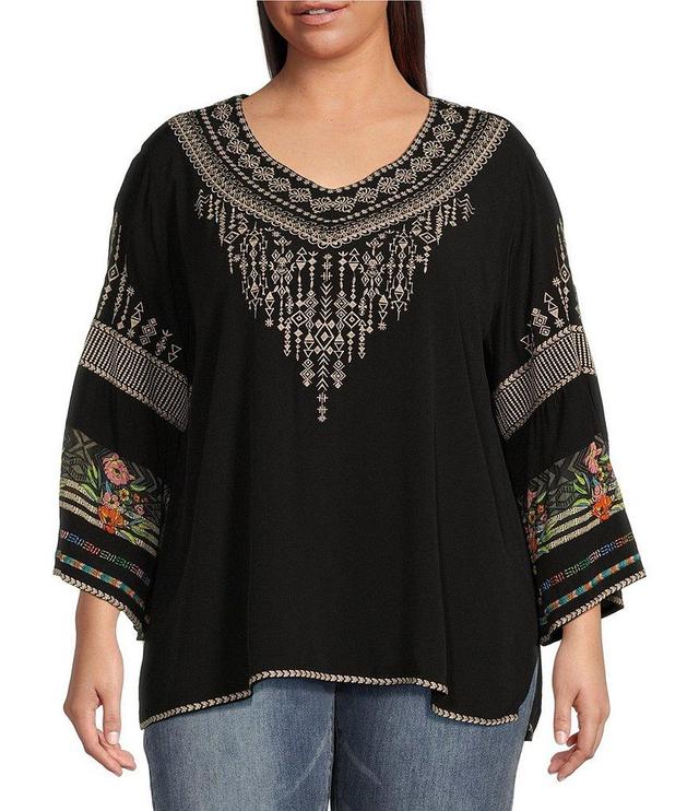 John Mark Plus Size Woven Embroidered V-Neck 3/4 Sleeve Top Product Image