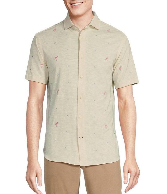 Cremieux Blue Label Camargue Collection Embroidered Flamingo Slub Jersey Short Sleeve Coatfront Shirt Product Image