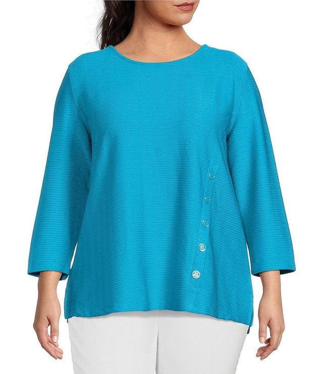 Multiples Plus Size Solid Textured Knit Scoop Neck 3/4 Sleeve Decorative Button Tab Top Product Image