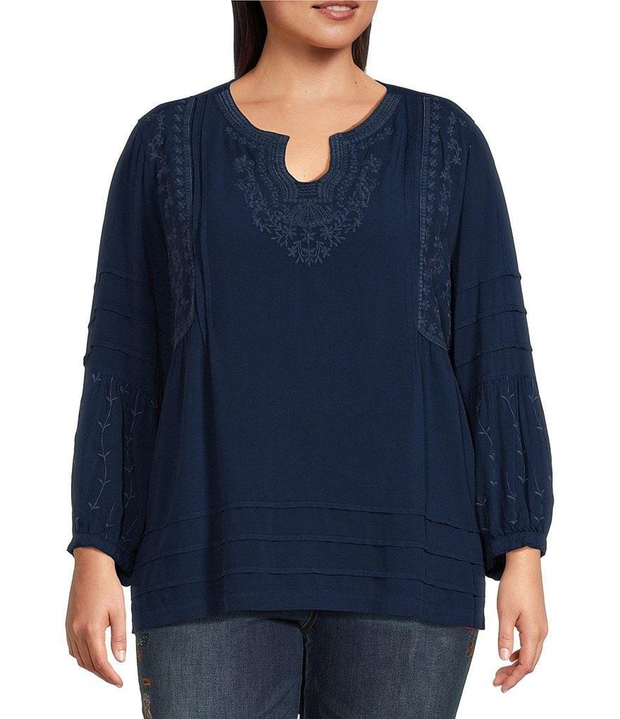 John Mark Plus Size Embroidered Split Round Neck 3/4 Sleeve Top Product Image