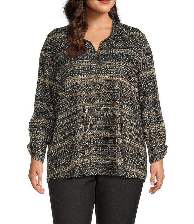 Multiples Plus Size Stretch Knit Southwest Stripe Print Collared V-Neck 3/4 Bungee Sleeve Top Product Image