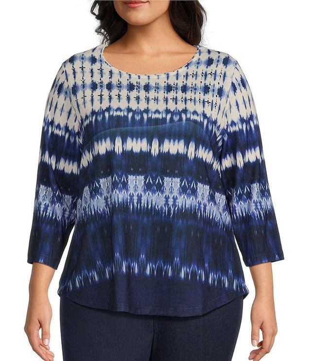 Allison Daley Plus Size Indigo Blues Embellished 3/4 Sleeve Crew Neck Knit Top Product Image