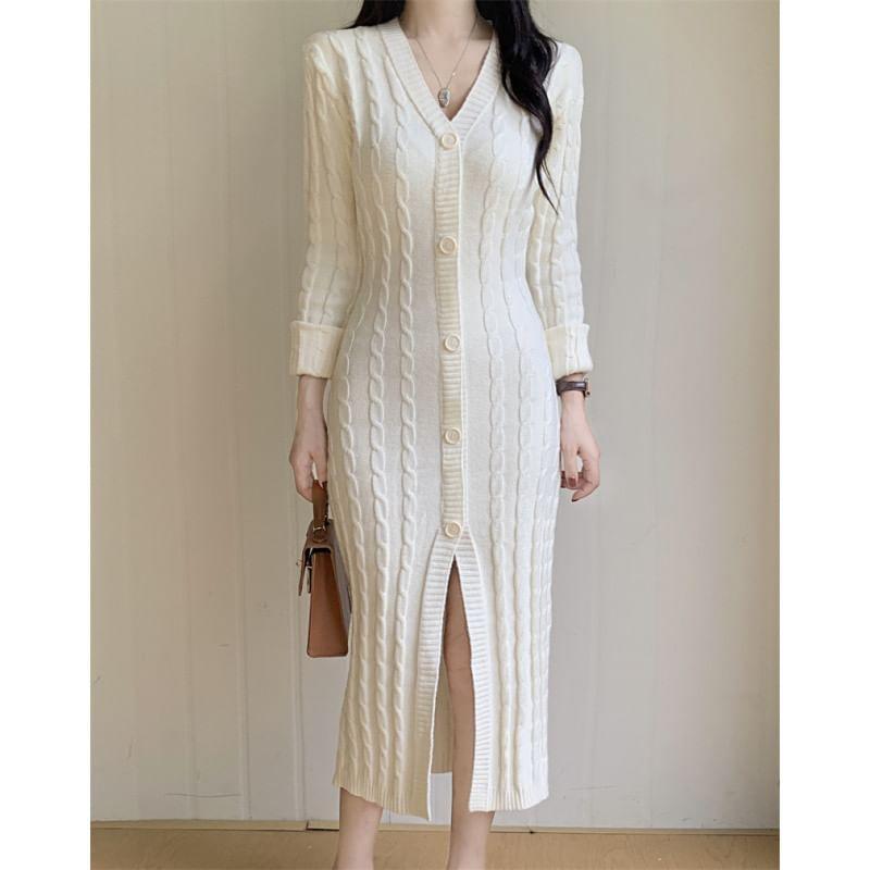 Long-Sleeve V-Neck Plain Button Front Cable Knit Midi Sheath Dress Product Image