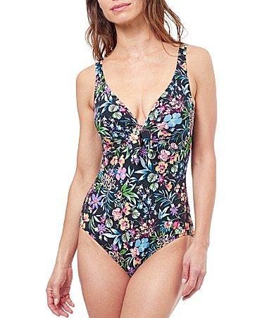 Profile by Gottex Flora Print V-Neck Bow Tie Tank Underwire Tummy Control One Piece Swimsuit Product Image