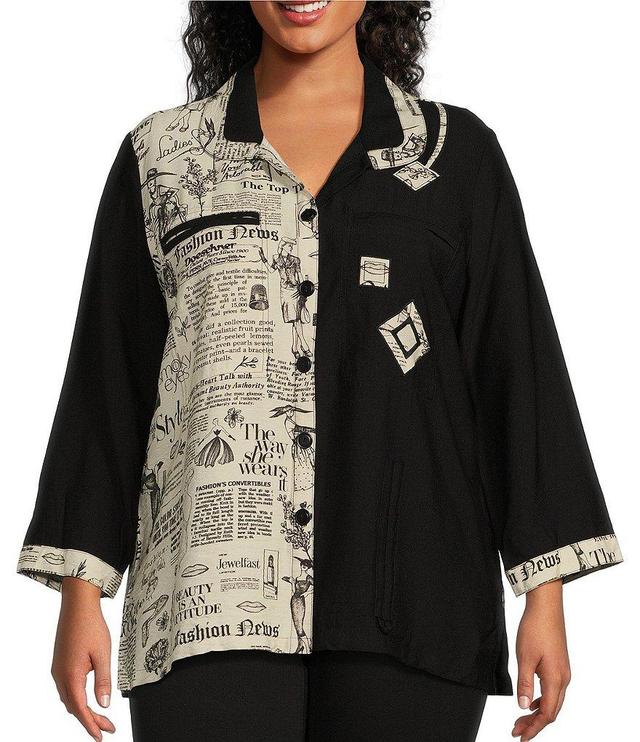 Ali Miles Plus Size Printed Point Collar 3/4 Sleeve Button Down Top Product Image