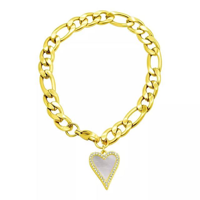 Adornia 14K Gold Plated Stainless Steel Figaro Mother-of-Pearl & Cubic Zirconia Heart Charm Bracelet, Womens White Product Image