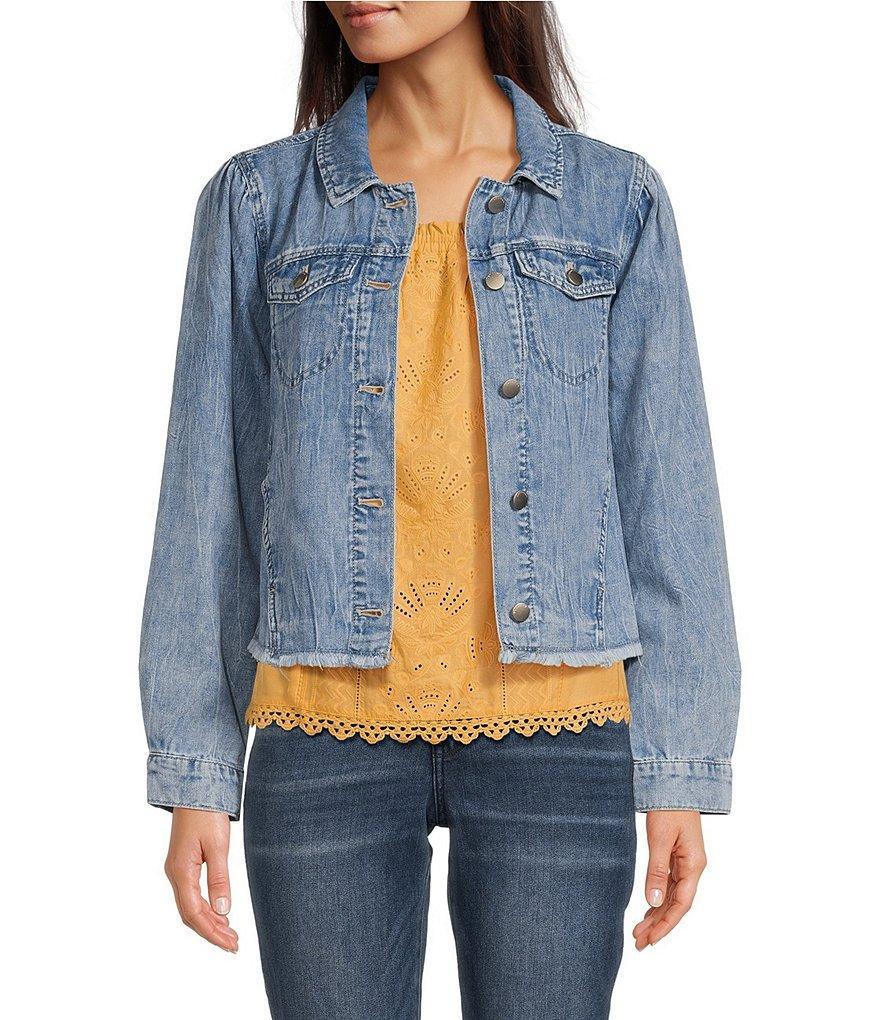 Democracy Point Collar Long Sleeve Frayed Hem Chest Flap Pocket Button Front Denim Jacket Product Image