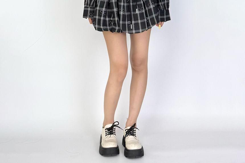 Long Sleeve V-Neck Plaid Bow Drawstring Mini A-Line Dress Product Image