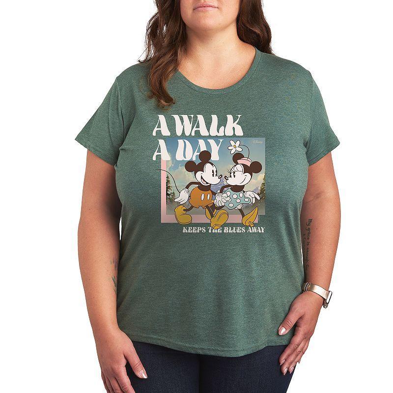 Disneys Mickey & Minnie Mouse Plus A Walk A Day Graphic Tee, Womens Grey Green Product Image