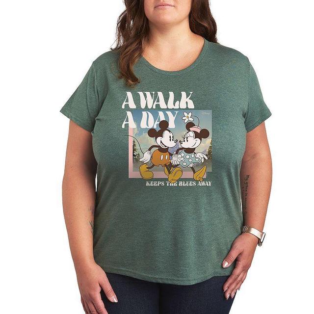 Disneys Mickey & Minnie Mouse Plus A Walk A Day Graphic Tee, Womens Grey Green Product Image