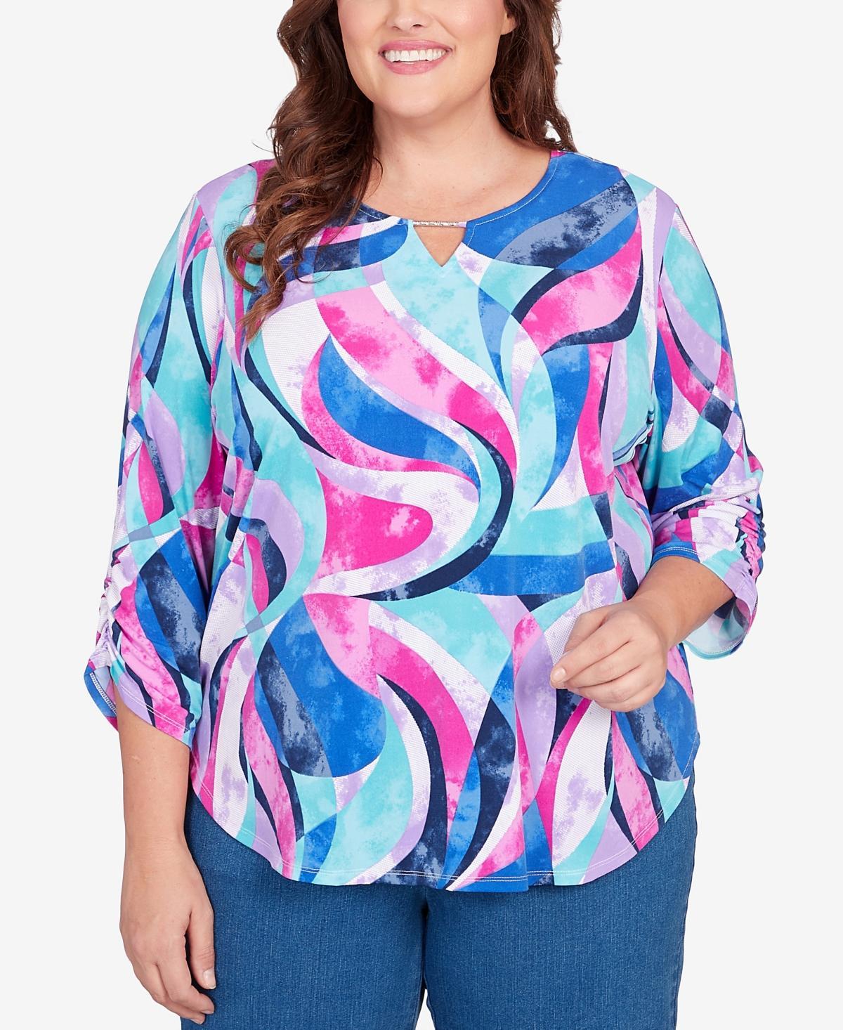 Alfred Dunner Plus Size Classic Puff Print Stained Glass Swirl Split Neck Top Product Image