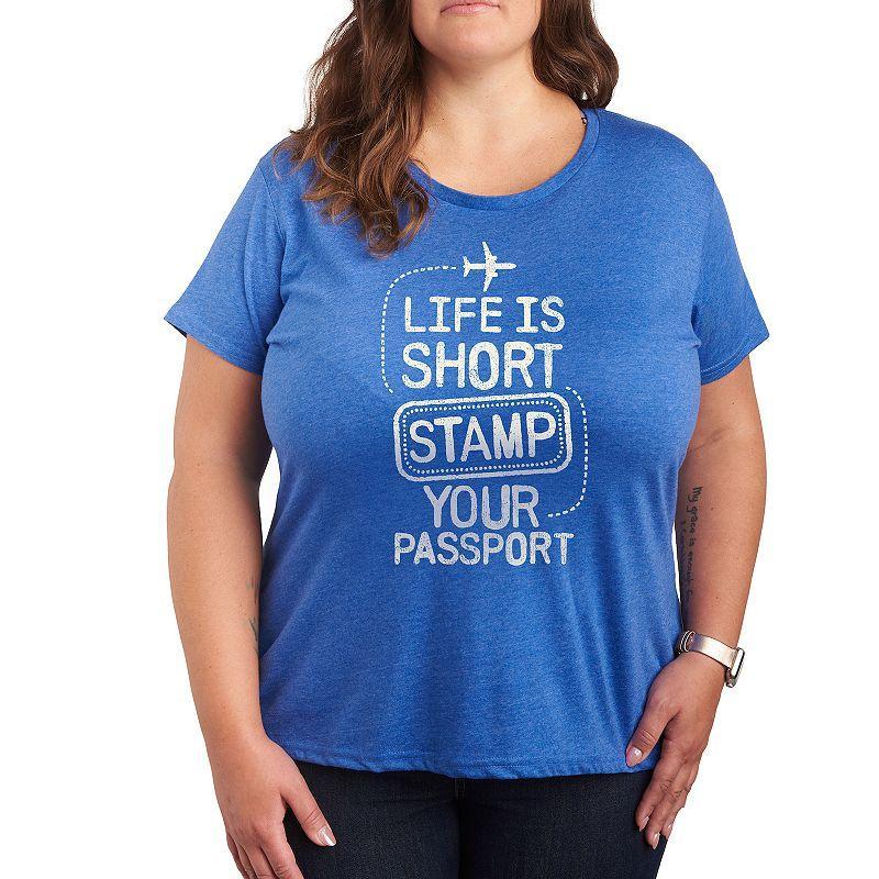 Missy Plus Size Stamp Your Passport Graphic Tee, Womens Grey Royal Blue Product Image