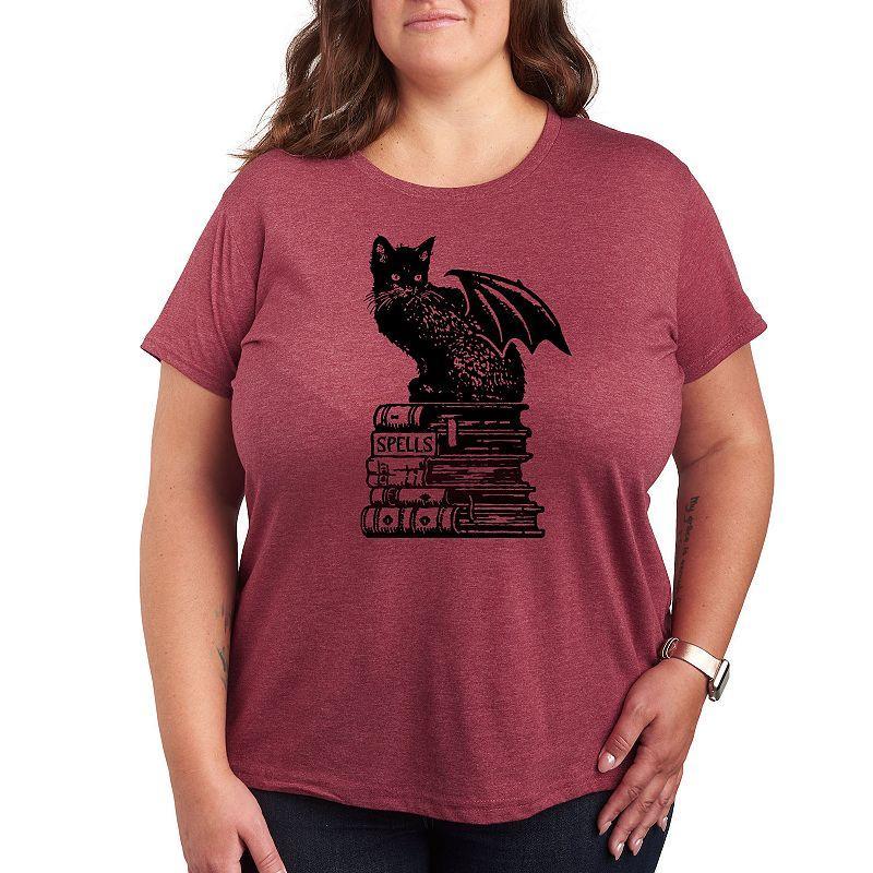 Plus Size Spells Cat Graphic Tee, Womens Grey Red Product Image