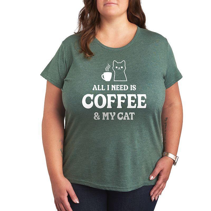 Plus All I Need Coffee Cat Graphic Tee, Womens Grey Green Product Image