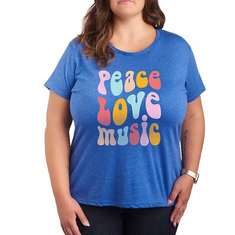 Plus Peace Love Music Distressed Graphic Tee, Womens Grey Royal Blue Product Image