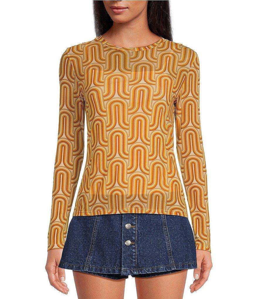 Gianni Bini Matty Printed Crew Neck Long Sleeve Mesh Top Product Image