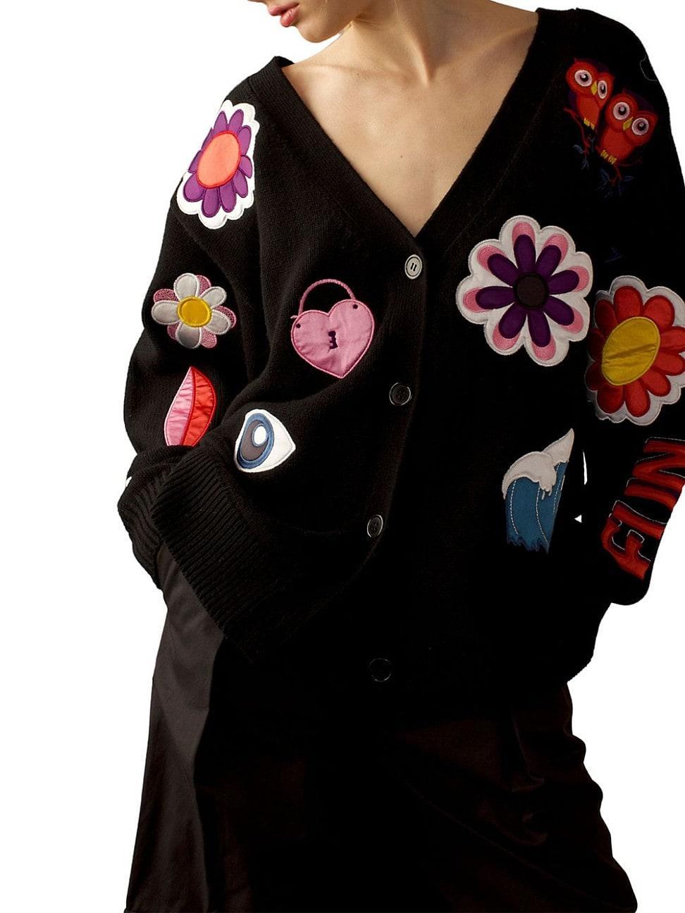 Womens Fun Patches Knit Button-Front Cardigan Product Image