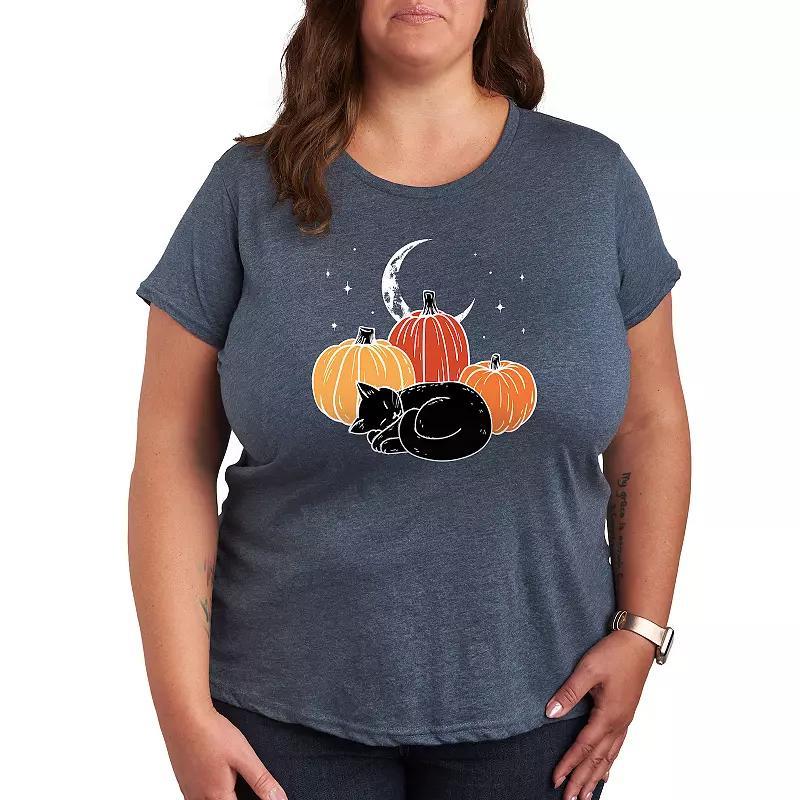 Plus Size Black Cat Pumpkin Nap Graphic Tee, Womens Med Blue Product Image