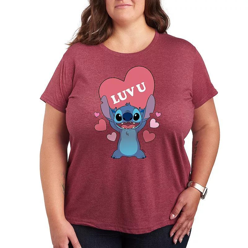 Disneys Lilo & Stitch Plus Luv U Heart Graphic Tee, Womens Grey Dark Red Product Image